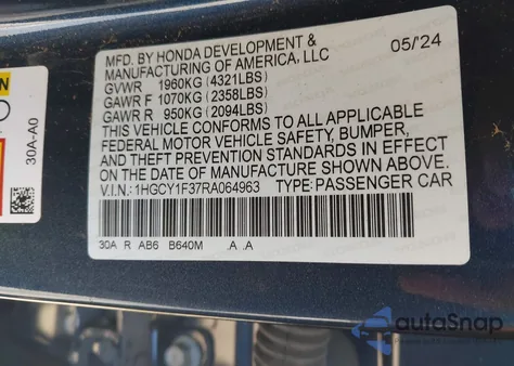 2024 Honda Accord Ex from USA, damaged, VIN 1HGCY1F37RA064963